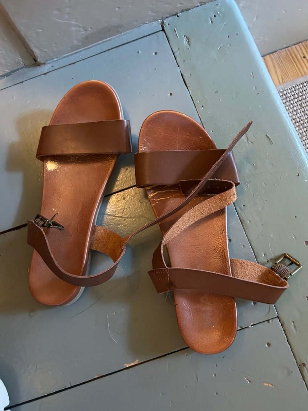 Well worn cognac or tobacco colored Mia sandals women size 9